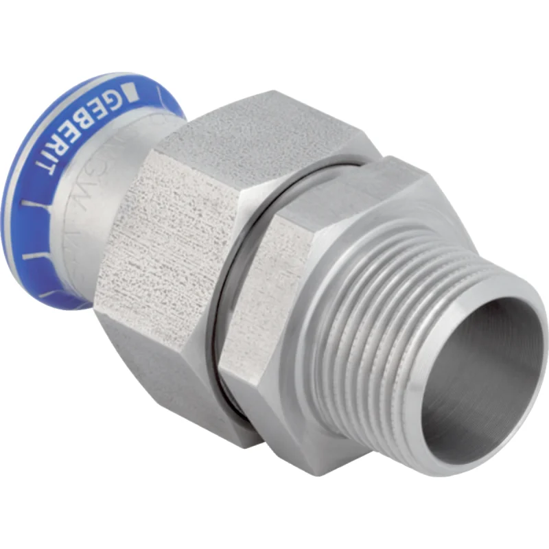 Adaptor cu filet Geberit Mapress Oţel-Inox, cu filet exterior, piuliţă din oţel CrNi (FKM albastru): d=35mm, R=1 1/4″