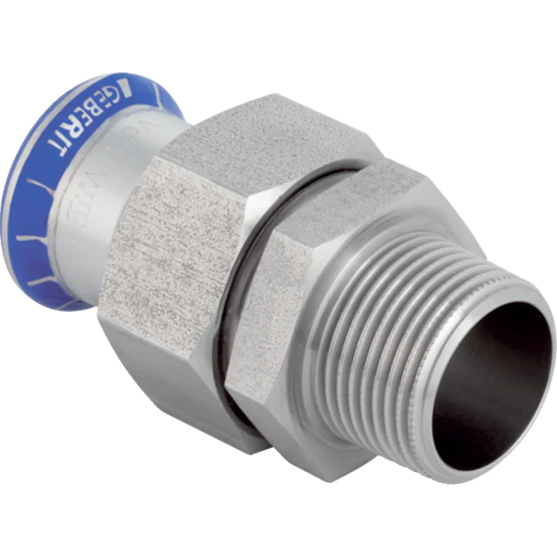 Adaptor cu filet Geberit Mapress Oţel-Inox, cu filet exterior, piuliţă din oţel CrNi (fără silicon): d=18mm, R=1/2″