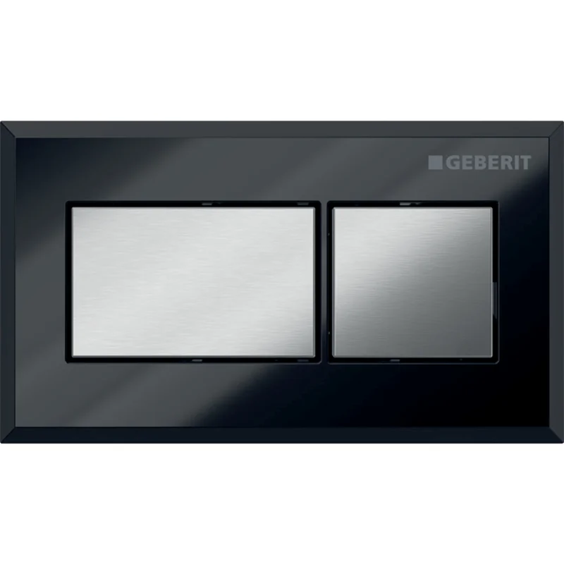 Acționare a spălării de la distanță Geberit design rectangular, pneumatică, pentru spălare cu două volume de apă, acționare încastrată: Clapetă de acţionare: negru intens / Lucios, Tastă: crom / Lustruit